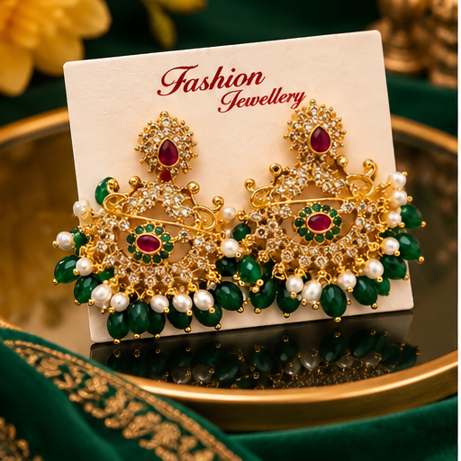 Traditional Green & Pearl Chandbali 1 Gram Gold-Plated Earrings
