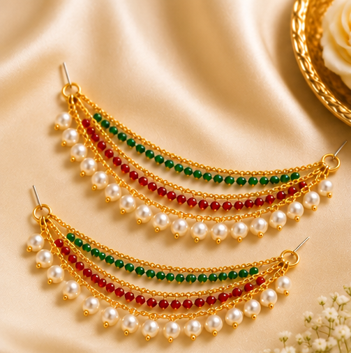 1 Gram Gold-Plated Layered Pearl & Bead Chain Earrings