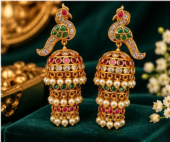 Peacock Design 1 Gram Gold-Plated Jhumka Earrings with Pearl Beads