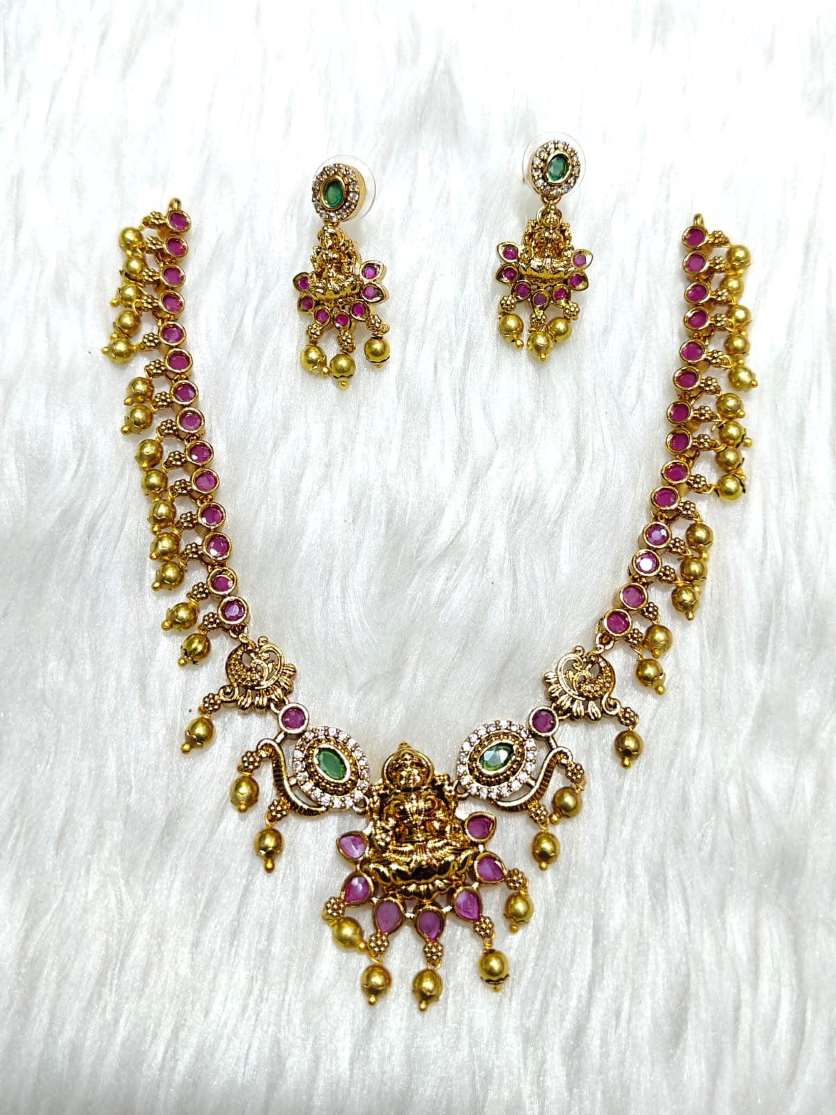Lakshmi Temple 1 Gram Gold Plated Necklace Set with Earrings