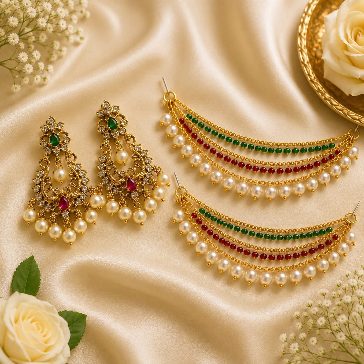 Triveni Royal Combo | Gold Plated Traditional Earrings & 4-Layer Pearl Ear Chain | Combo Pack of 2 ?