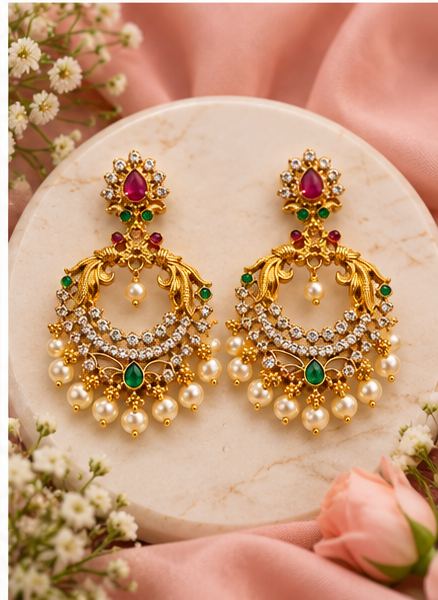 Traditional 1 Gram Gold-Plated Pearl & Stone Chandbali Earrings