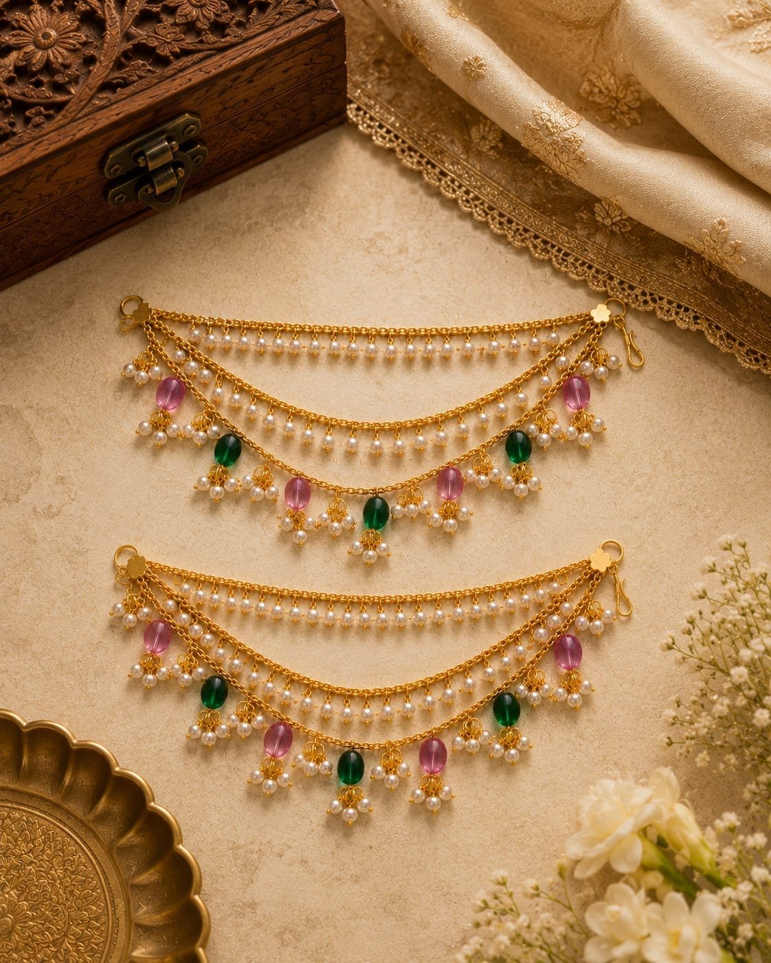 1 Gram Gold-Plated Double Layer Pearl & Bead Hair Chains Traditional