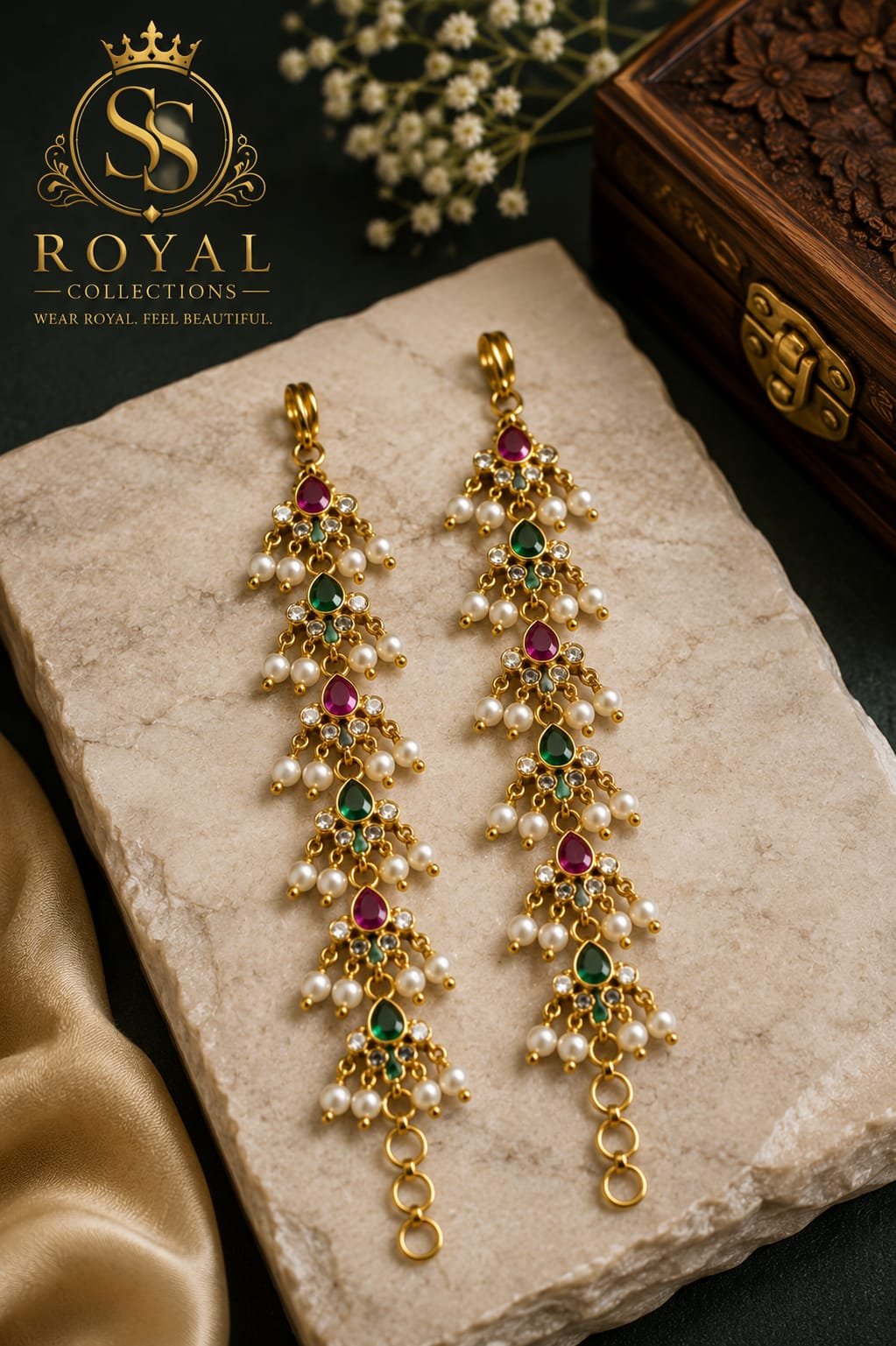 Traditional 1 Gram Gold-Plated Long Pearl and Stone Hair Chain