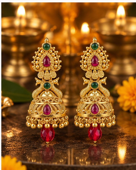 Traditional Temple Jhumka Earrings with Red and Green Stones
