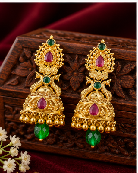 Traditional Temple Design 1 Gram Gold-Plated Jhumka Earrings