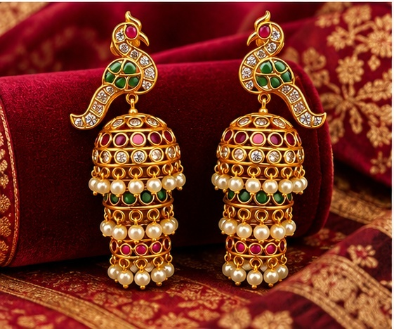 Peacock Design 1 Gram Gold-Plated Jhumka Earrings with Pearl Beads