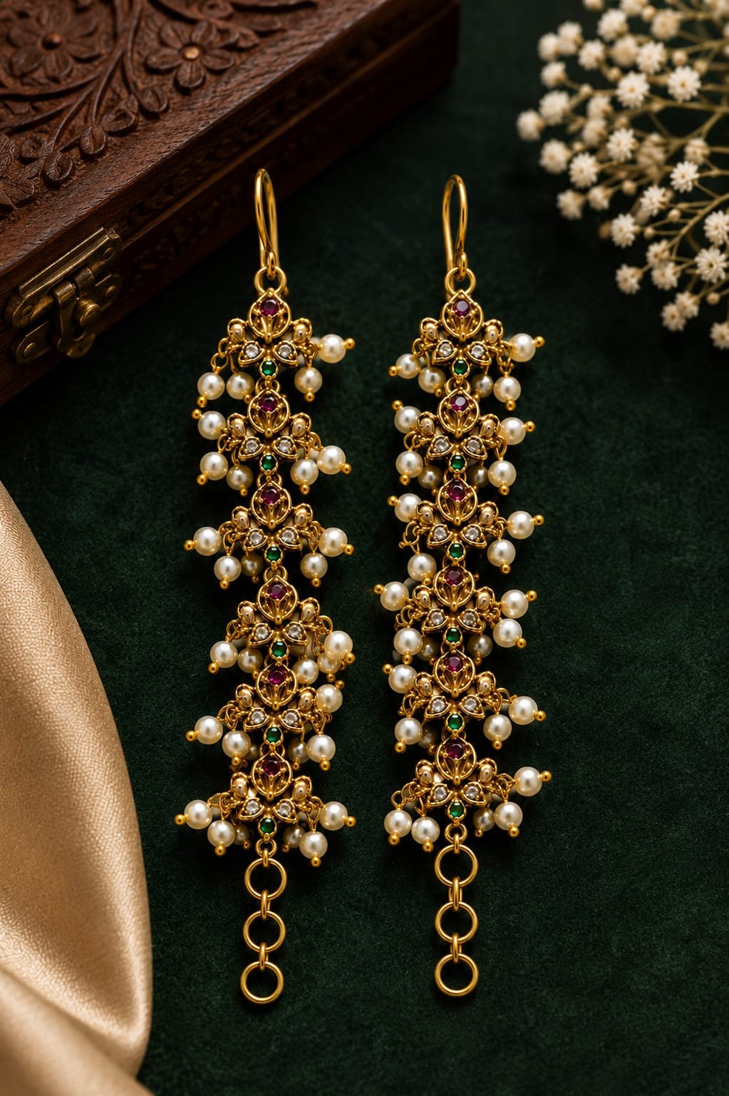 Traditional Long 1 Gram Gold-Plated Pearl & Ear Chain