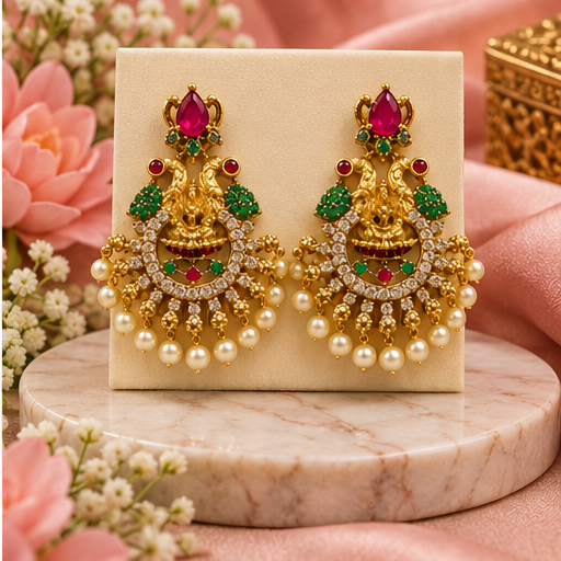 Temple Design 1 Gram Gold-Plated Jhumka Earrings with Pearls