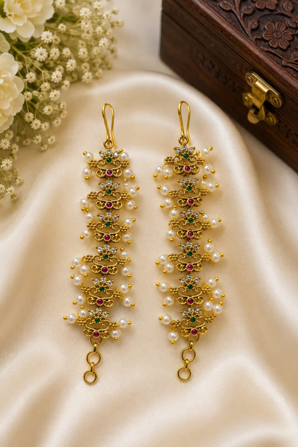 Antique Finish Long 1 Gram Gold-Plated Pearl Hair Chain