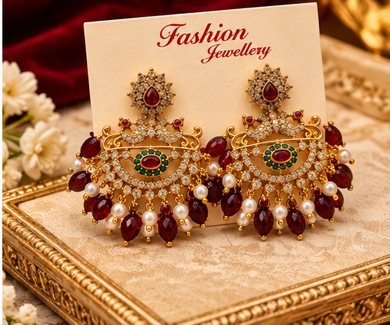 Classic Red and Green Chandbali 1 Gram Gold-Plated Earrings