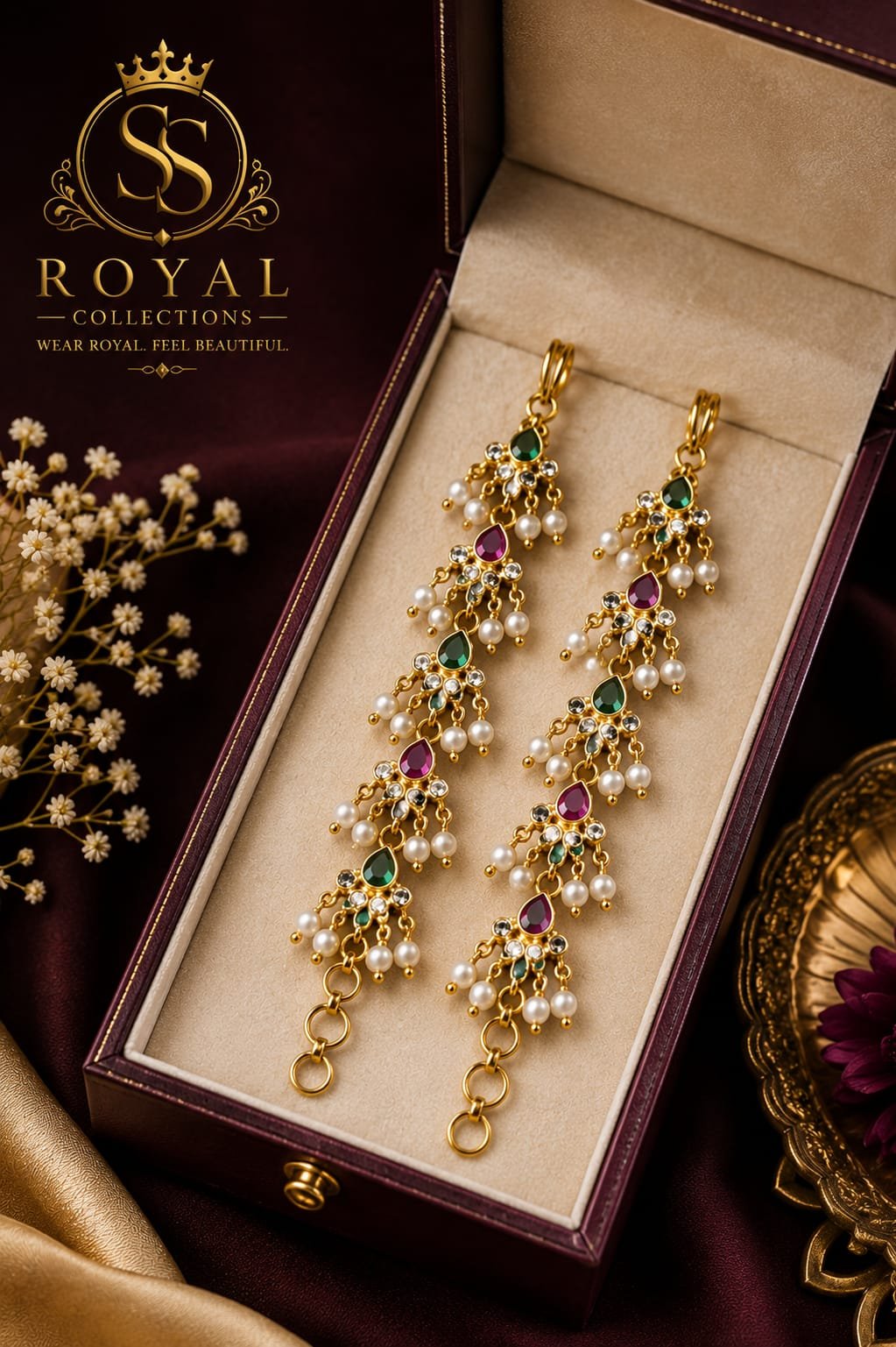Traditional 1 Gram Gold-Plated Long Pearl and Stone Hair Chain