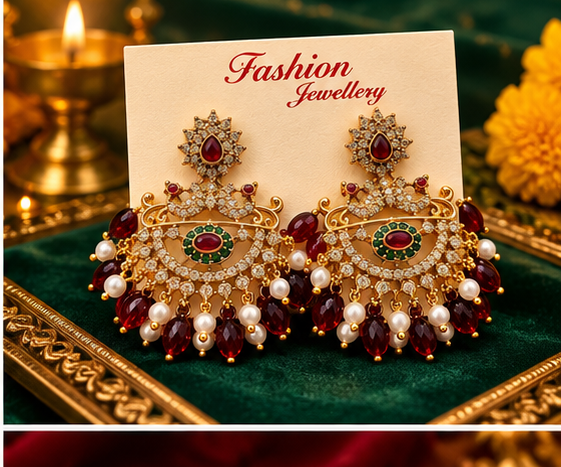 Classic Red and Green Chandbali 1 Gram Gold-Plated Earrings