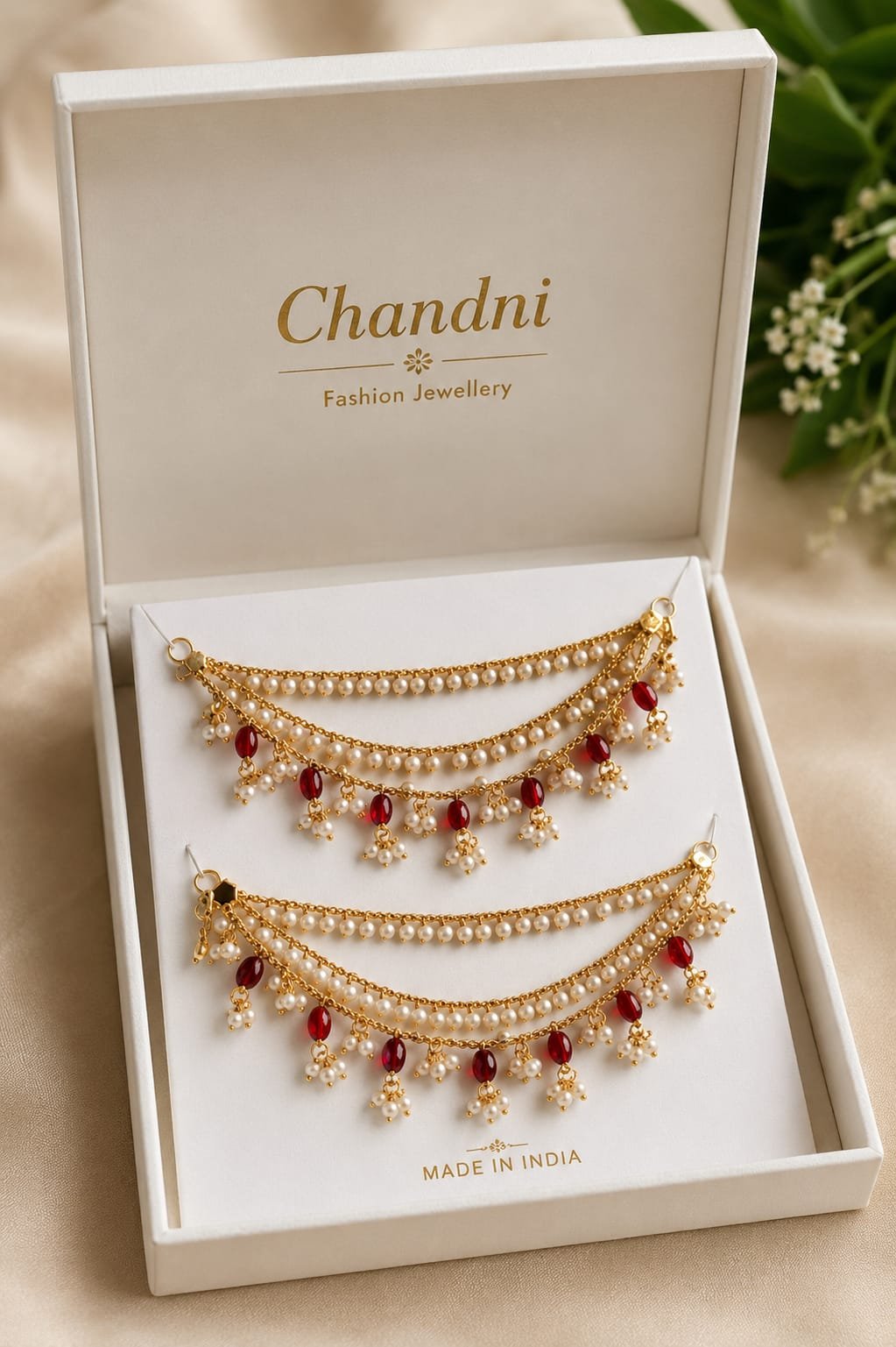 Traditional Pearl & Red Bead 1 Gram Gold-Plated Hair Chains