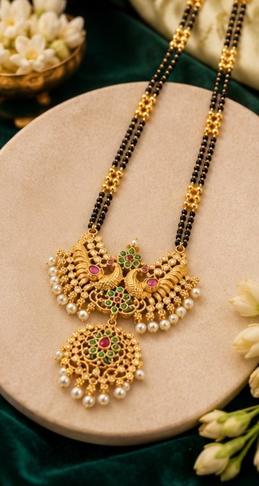 Peacock Design 1 Gram Gold-Plated Double Line Mangalsutra