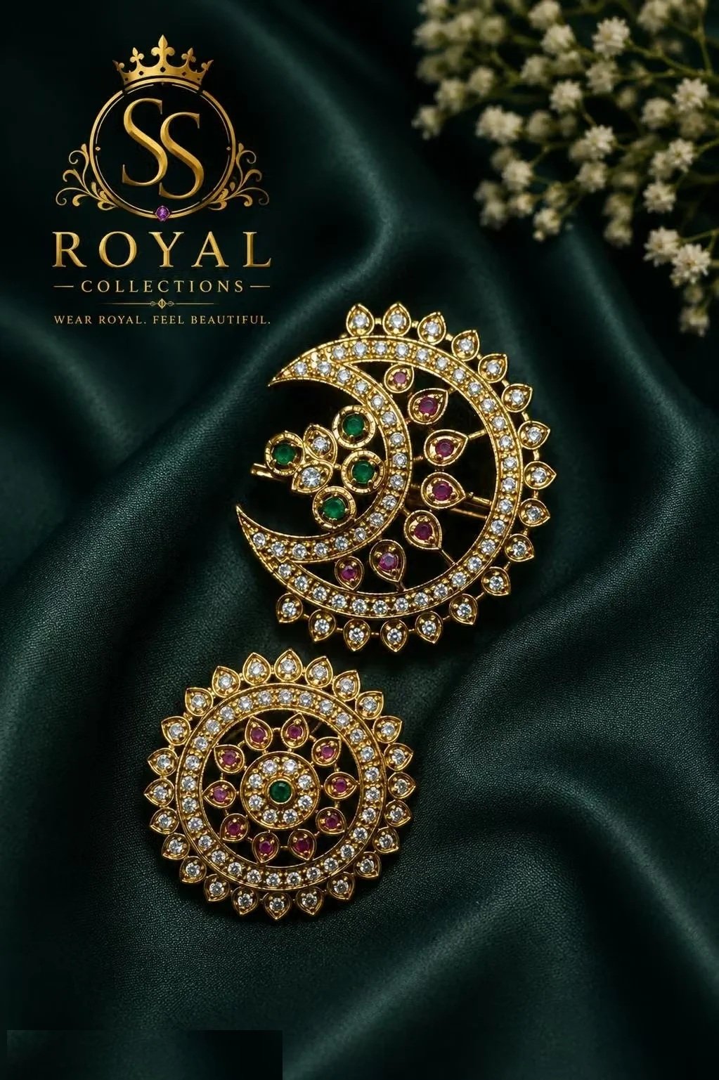 Traditional 1 Gram Gold-Plated Stone Studded Brooch Set