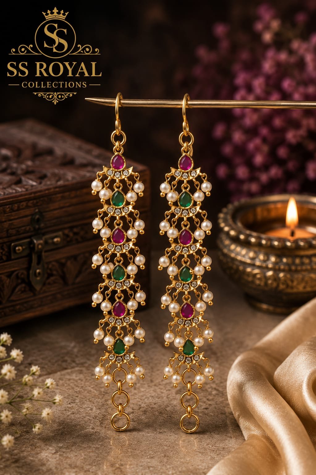 Royal Ruby & Emerald Pearl Bridal Ear Chain | Gold Plated Traditional Temple Mattilu for Women 