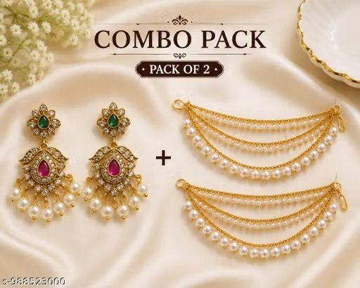 Rajnandini Temple Pearl Earrings & Ear Chain Combo Set | Gold Plated Traditional Bridal Jewellery | Pack of 2 ?