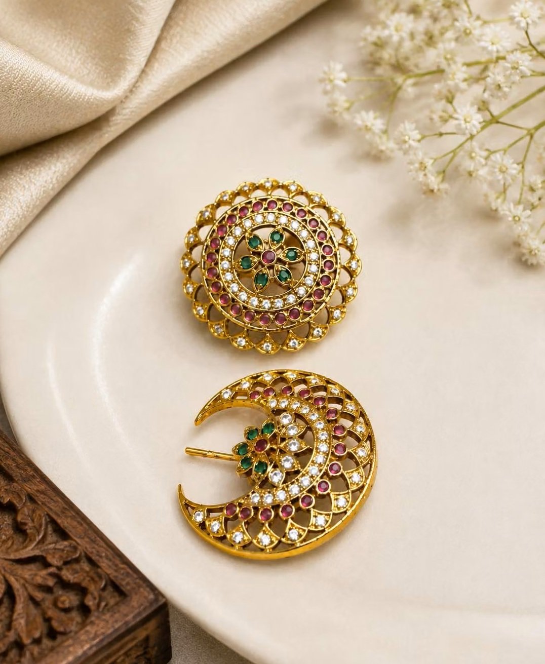 Premium Royal Chandrakala Ruby & Emerald Stone Saree Brooch Pin | Gold Finish Traditional Ethnic Bridal Jewellery for Women