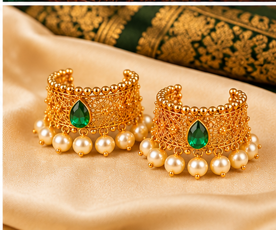 Traditional 1 Gram Gold-Plated Pearl & Green Stone Jhumka 