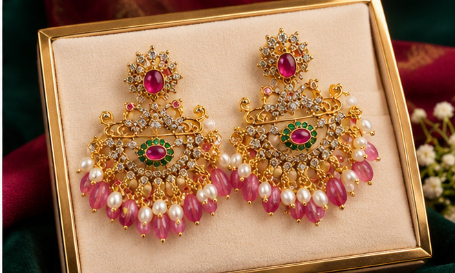 1 Gram Gold-Plated Kundan Chandbali Earrings with Pearl & Pink Beads