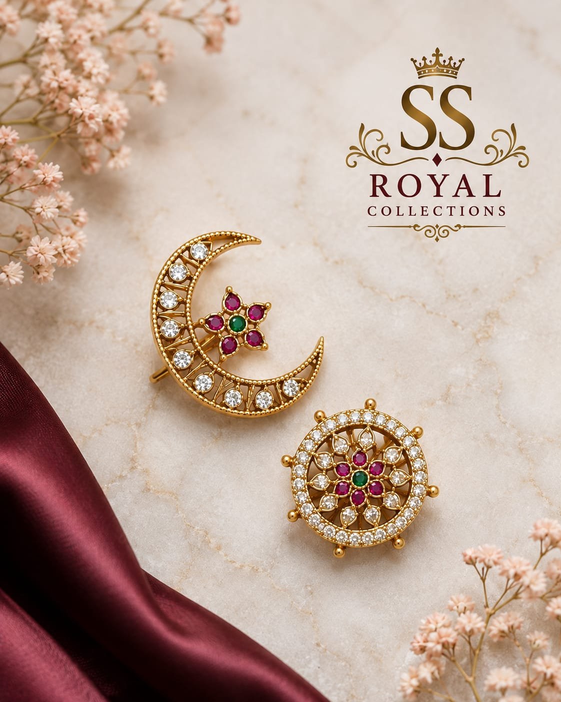 1 Gram Gold-Plated Crescent Kundan Studded Hair Brooch