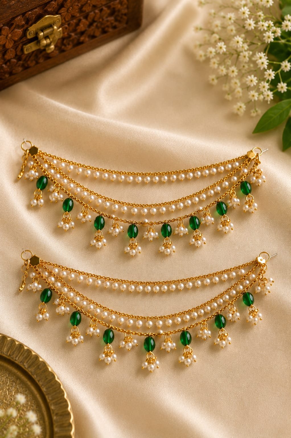 1 Gram Gold-Plated Pearl & Green Stone Layered Hair Chains Traditional