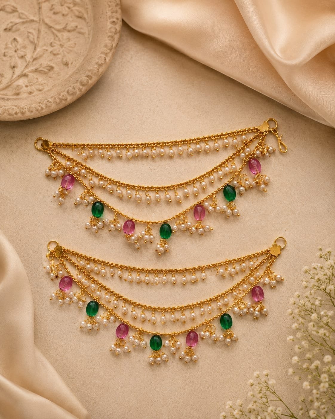 1 Gram Gold-Plated Double Layer Pearl & Bead Hair Chains Traditional