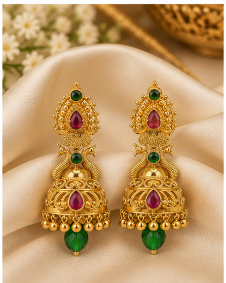 Traditional Temple Design 1 Gram Gold-Plated Jhumka Earrings