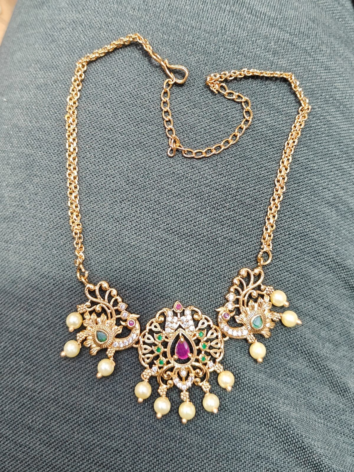 Traditional 1 Gram Gold-Plated Pearl & Stone Necklace